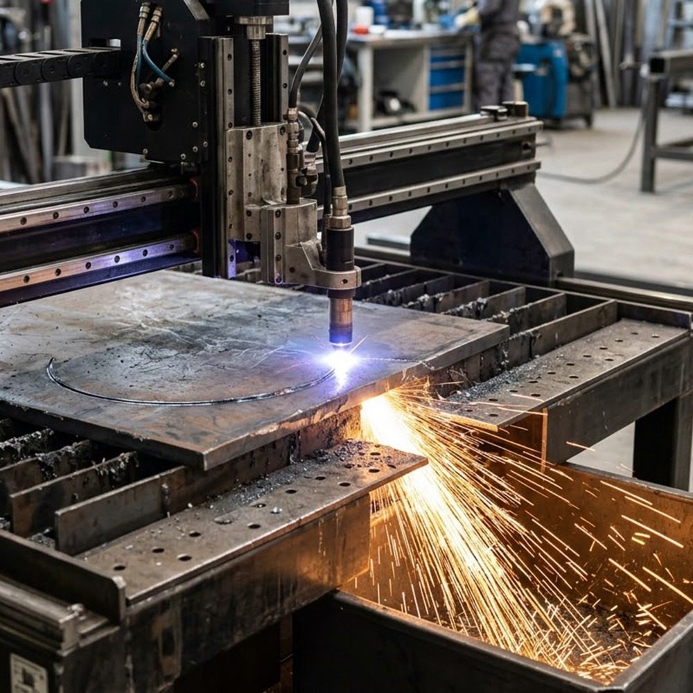 Sparks flying during steel fabrication and cutting